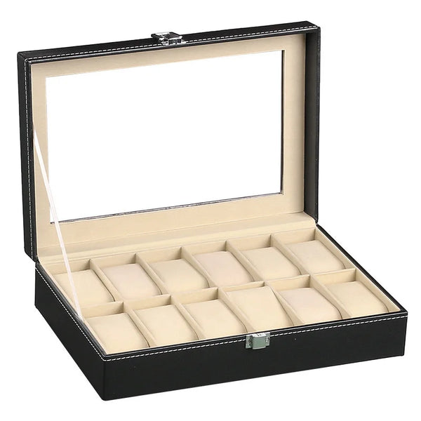 Boîte à montres vitrine en cuir, 3 à 12 emplacements