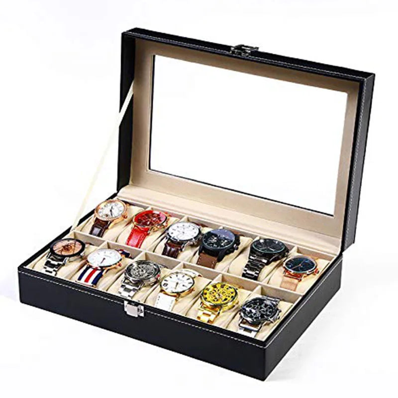 Boîte à montres vitrine en cuir, 3 à 12 emplacements