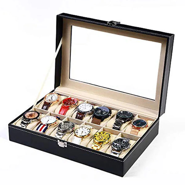 Boîte à montres vitrine en cuir, 3 à 12 emplacements