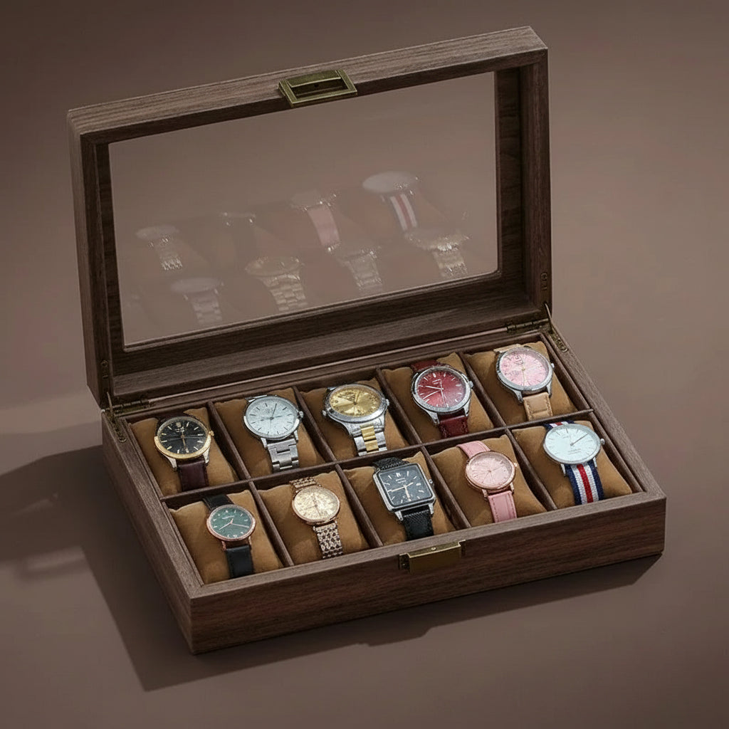 Boîte à montres en cuir grain de bois, 10 à 12 montres