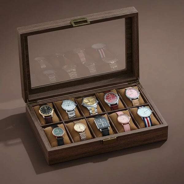Boîte à montres en cuir grain de bois, 10 à 12 montres