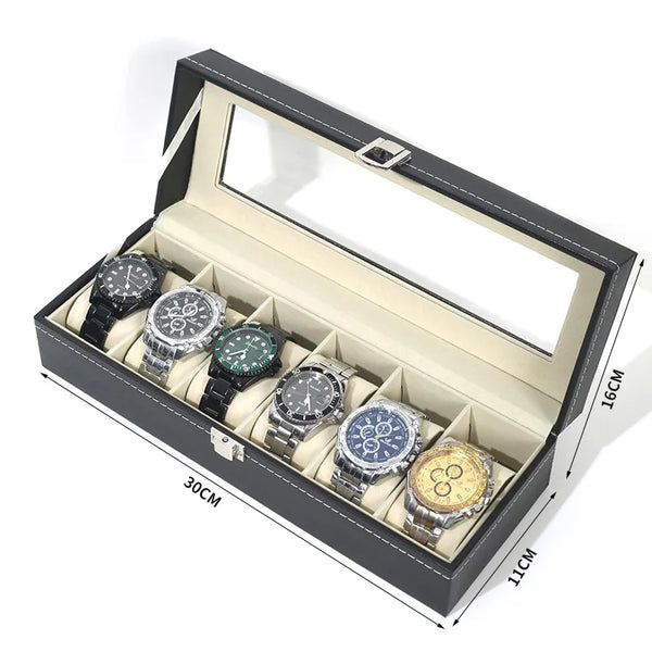 Boîte à montres vitrine en cuir, 3 à 12 emplacements